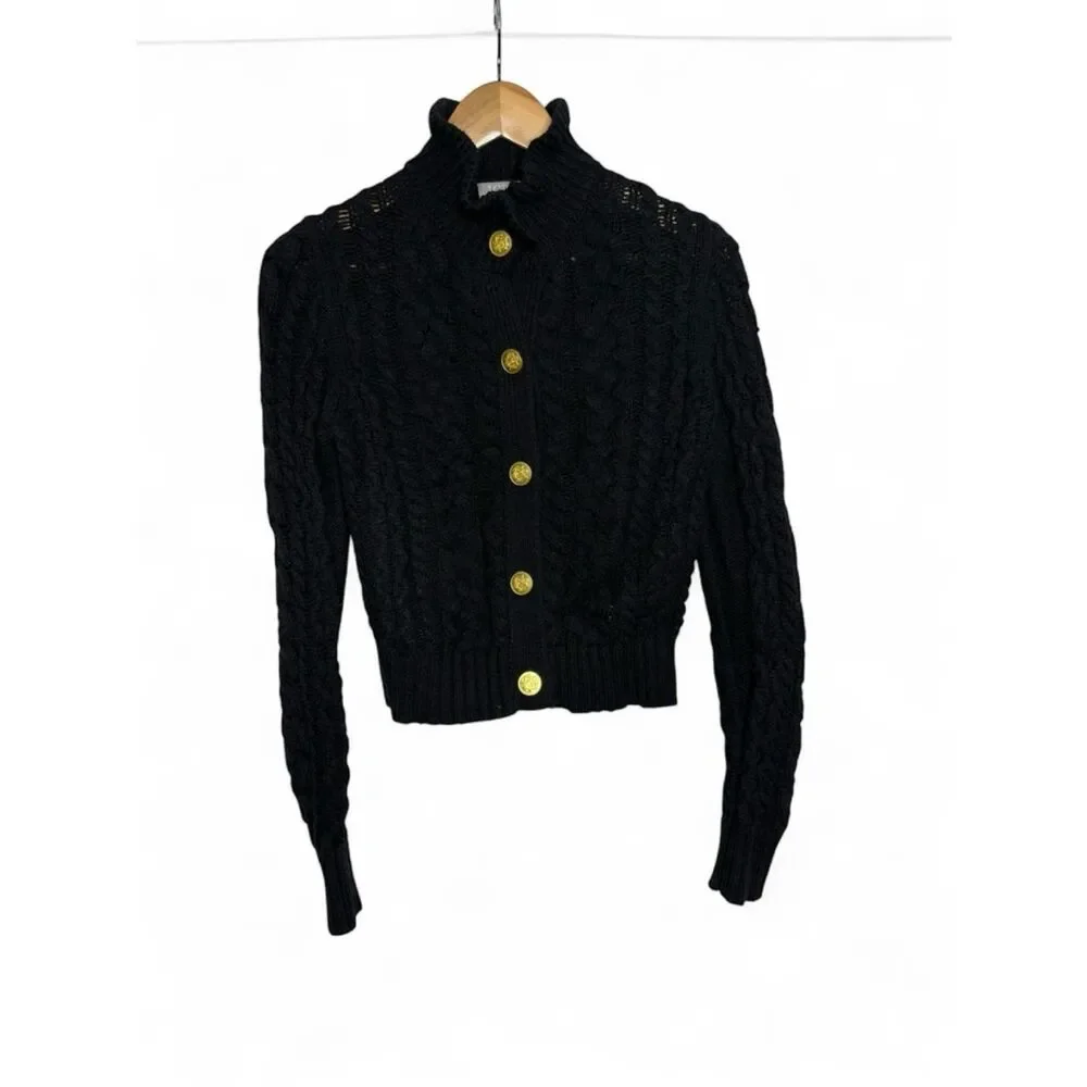 J. Crew Black Cable-Knit Ruffle Neck Button Up Cardigan Sweater Size S